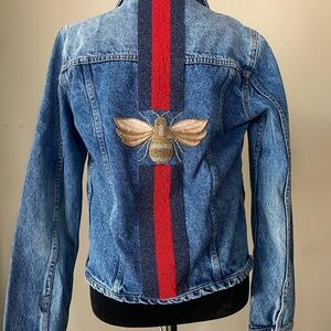 Denim Jean Jacket with Embroidered beaded Bee and Stripes